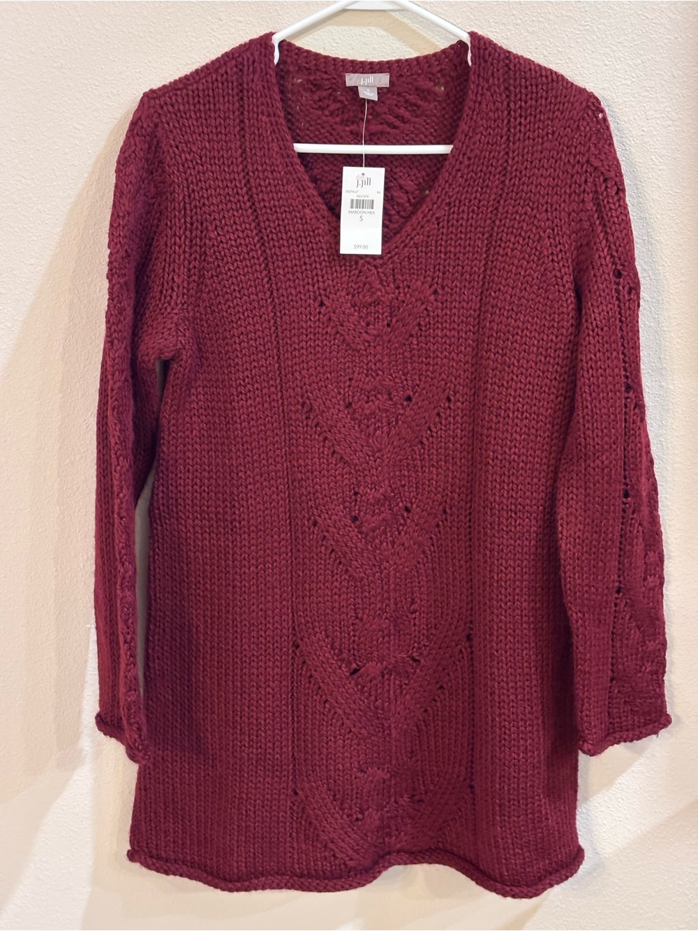 J. Jill Burgundy/Maroon V-Neck Cable-Front Tunic Sweater, Women’s sz small. NWT!